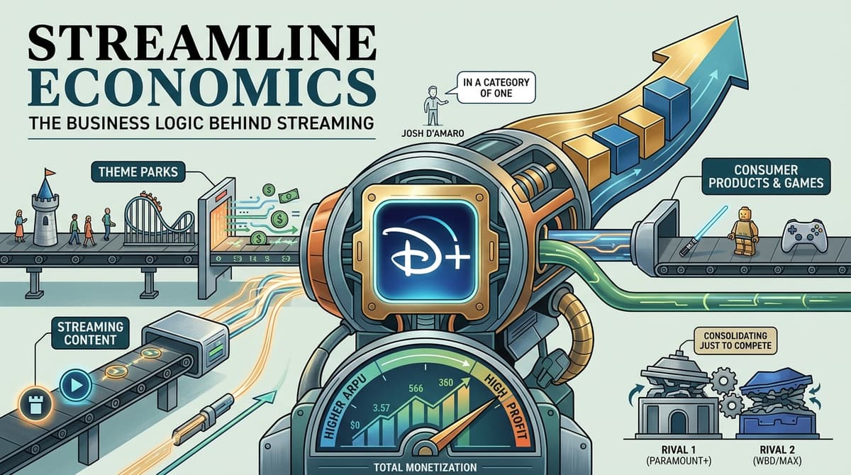 Editorial illustration for "Disney+ as a Revenue Engine: D'Amaro's First Move Is a Platform Expansion Play"