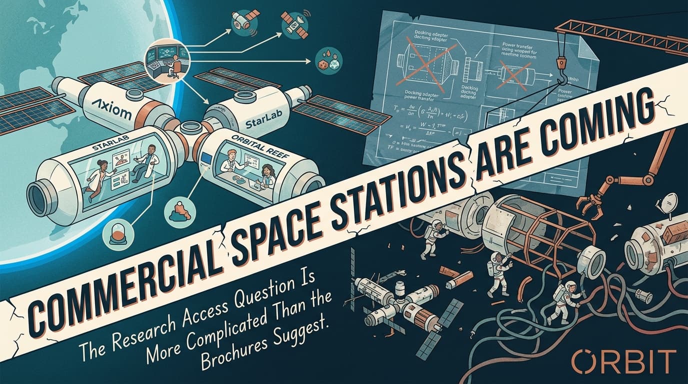 Editorial illustration for "Commercial Space Stations Are Coming. The Research Access Question Is More Complicated Than the Brochures Suggest."