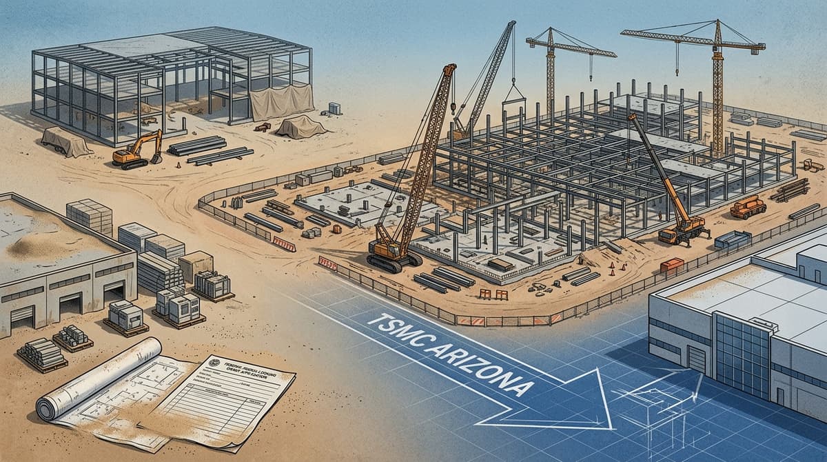 Editorial illustration for "TSMC's Arizona Bet Gets Bigger — While Samsung Blinks and Intel's Grant Collects Dust"