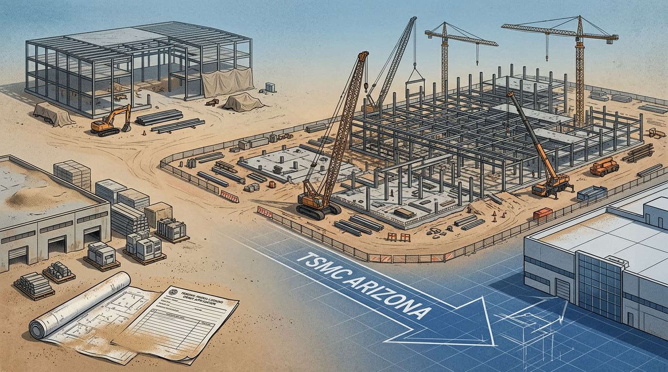 Editorial illustration for "TSMC's Arizona Bet Gets Bigger — While Samsung Blinks and Intel's Grant Collects Dust"