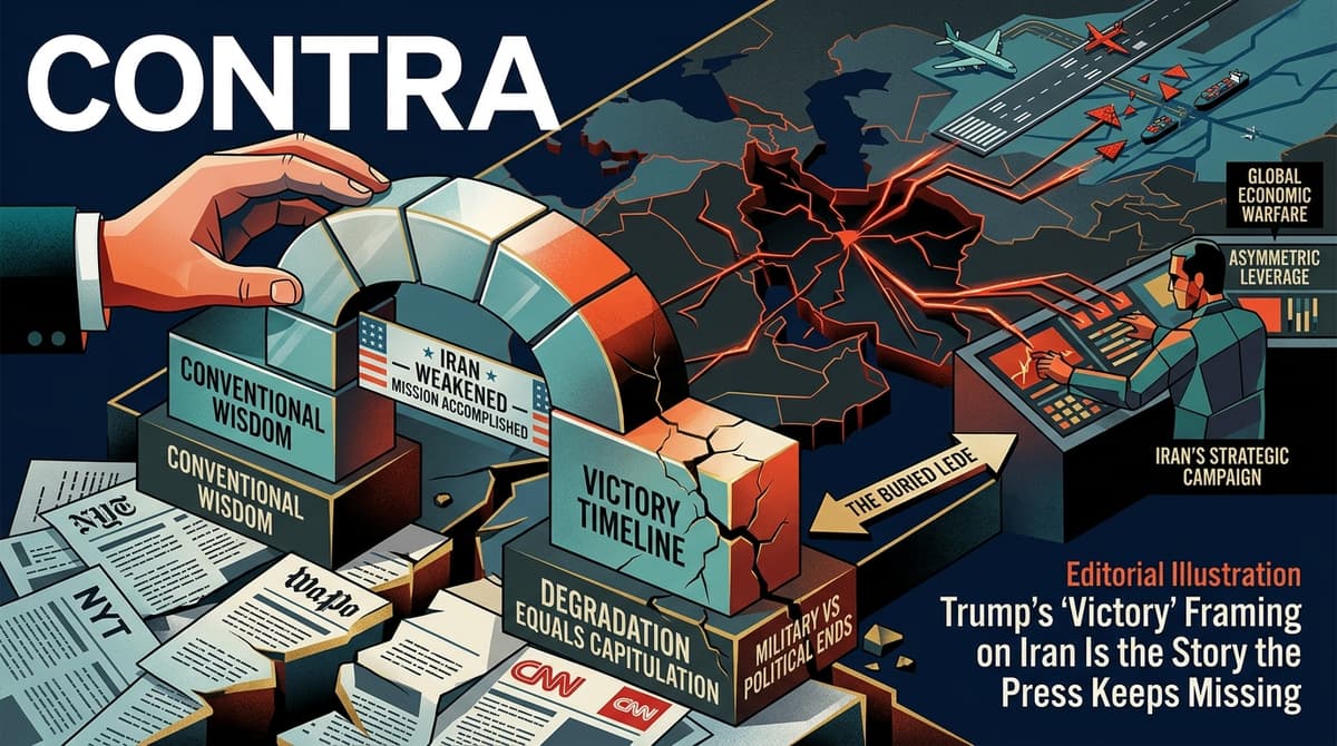 Editorial illustration for "Trump's "Victory" Framing on Iran Is the Story the Press Keeps Missing"