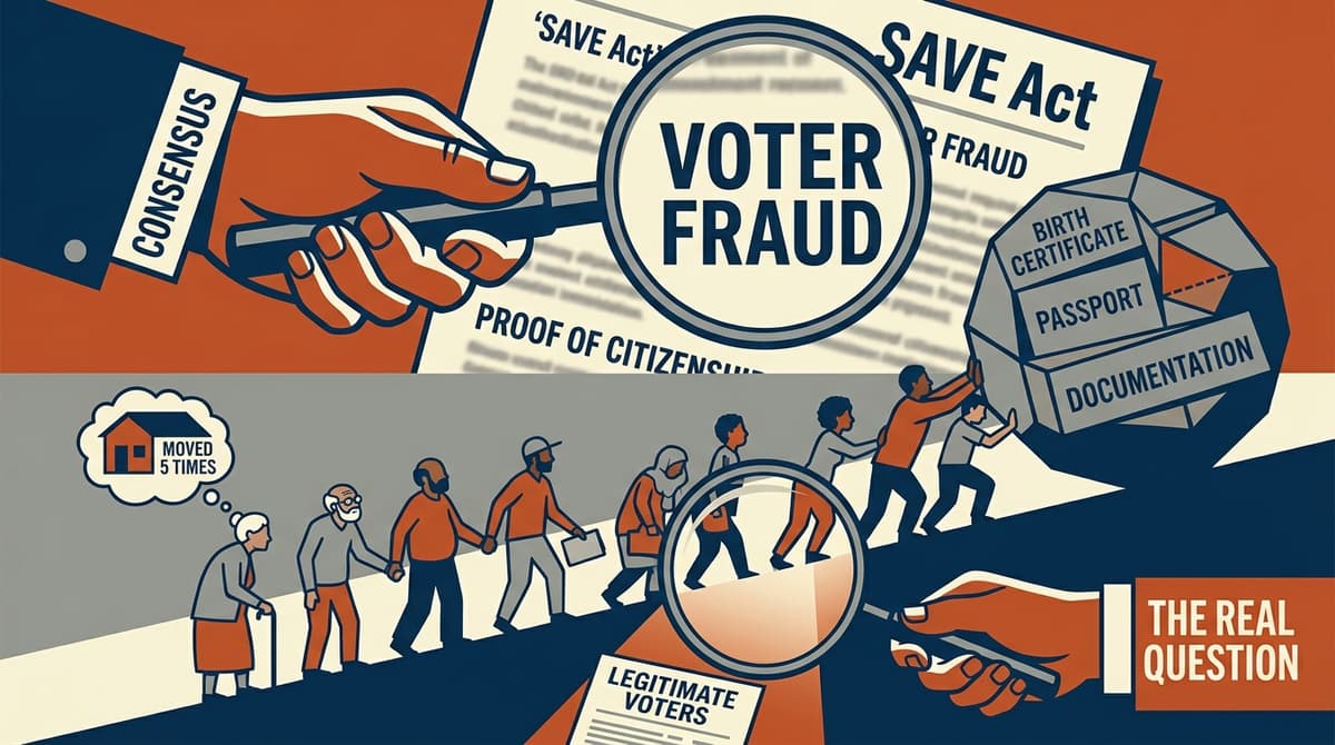 Editorial illustration for "The SAVE Act Debate Is Missing the Real Voter Fraud Question"