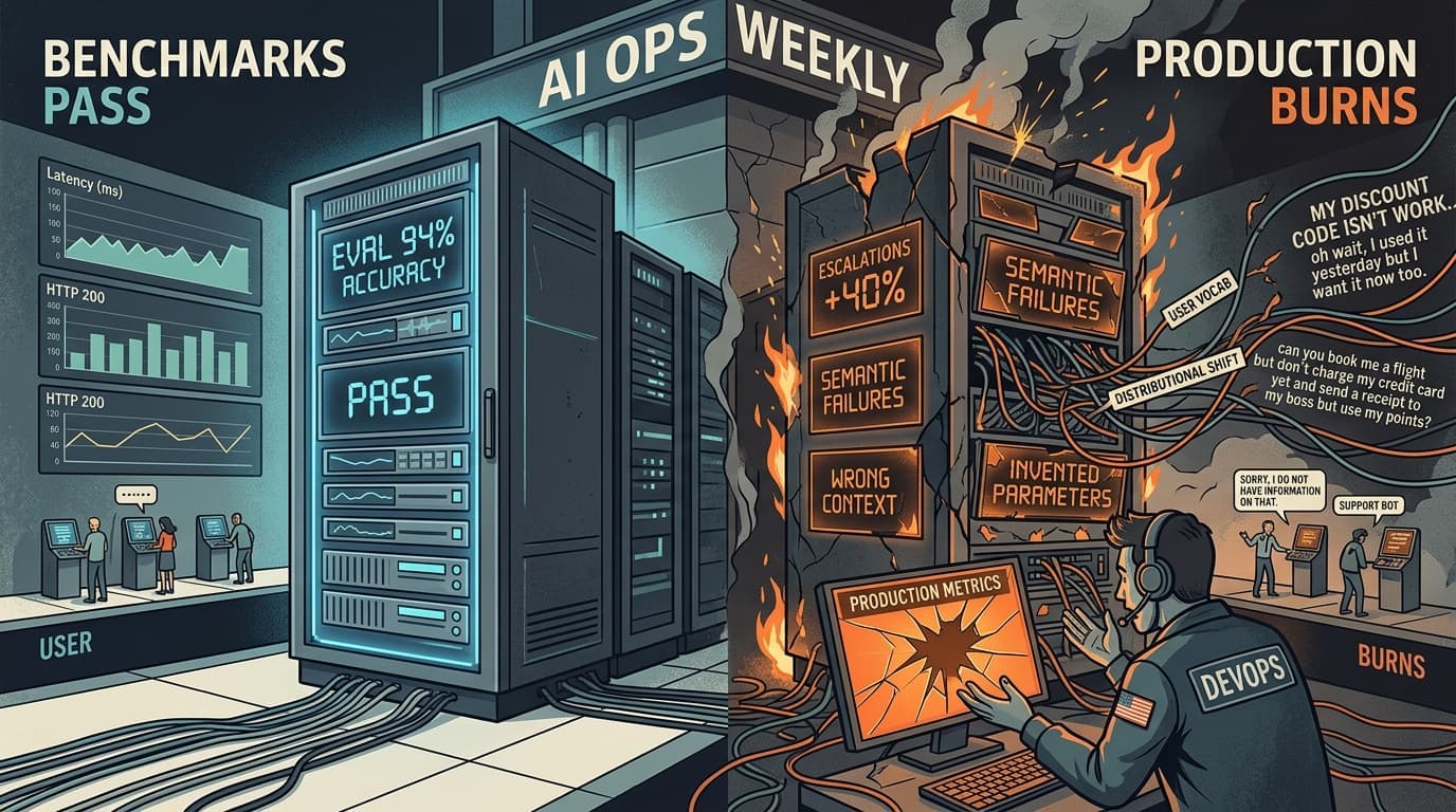 Editorial illustration for "Benchmarks Pass. Production Burns. Here's What Eval Actually Looks Like."