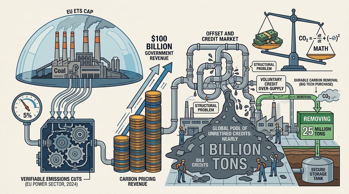 Editorial illustration for "Carbon Markets Are Printing Money. The CO2 Math Is Murkier."