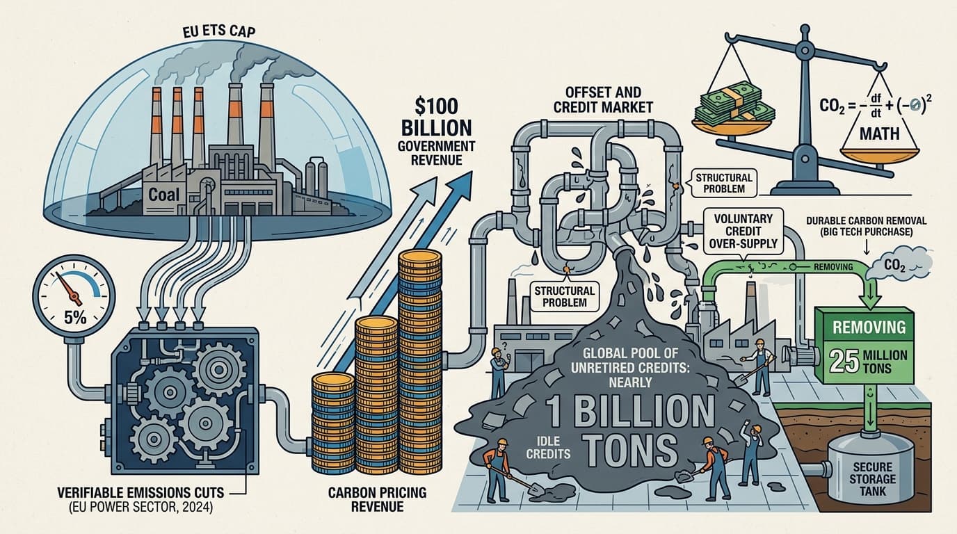 Editorial illustration for "Carbon Markets Are Printing Money. The CO2 Math Is Murkier."
