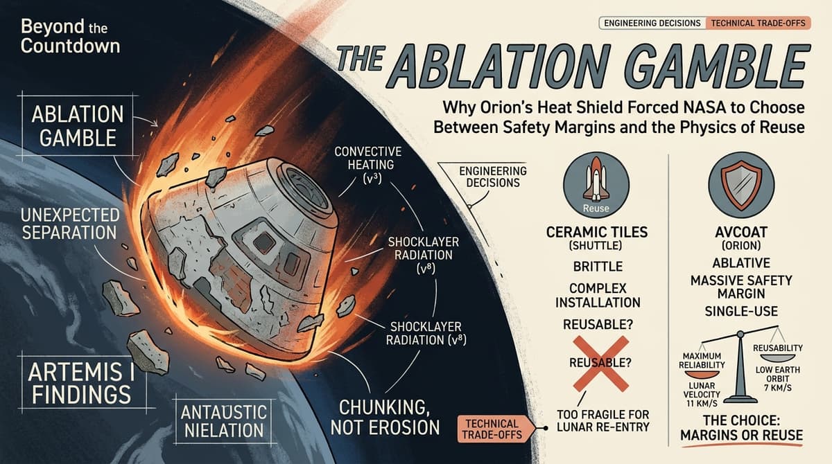 Editorial illustration for "The Ablation Gamble: Why Orion's Heat Shield Forced NASA to Choose Between Safety Margins and the Physics of Reuse"
