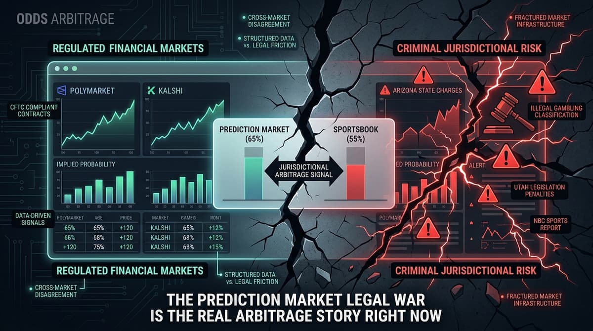 Editorial illustration for "The Prediction Market Legal War Is the Real Arbitrage Story Right Now"