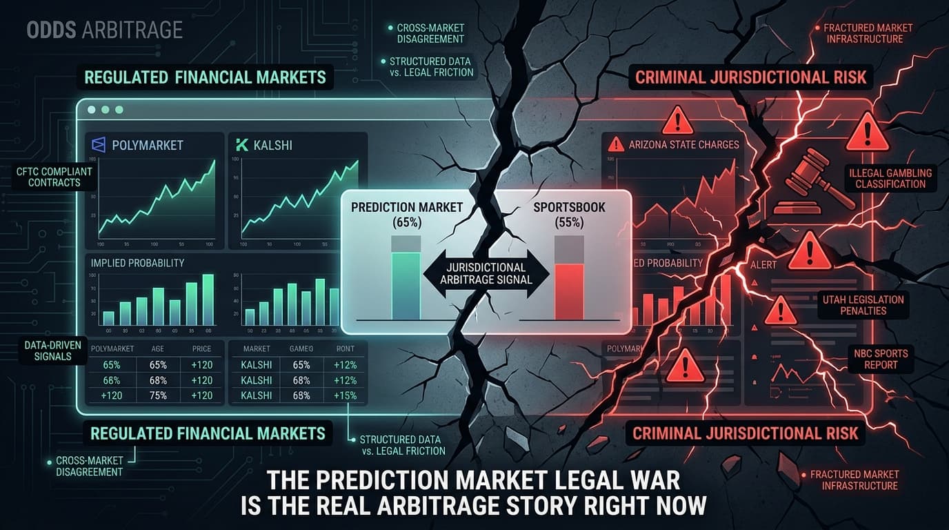 Editorial illustration for "The Prediction Market Legal War Is the Real Arbitrage Story Right Now"