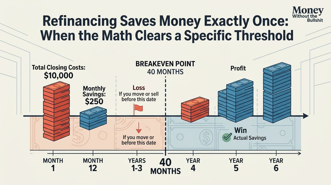 Editorial illustration for "Refinancing Saves Money Exactly Once: When the Math Clears a Specific Threshold"