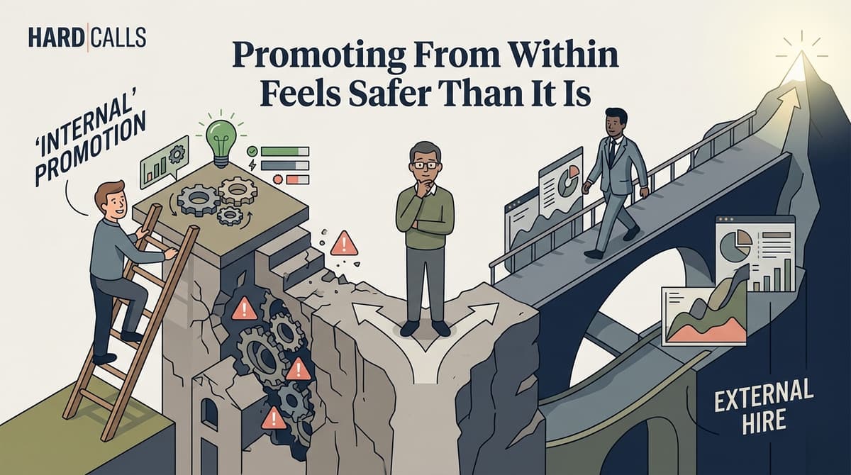 Editorial illustration for "Promoting From Within Feels Safer Than It Is"
