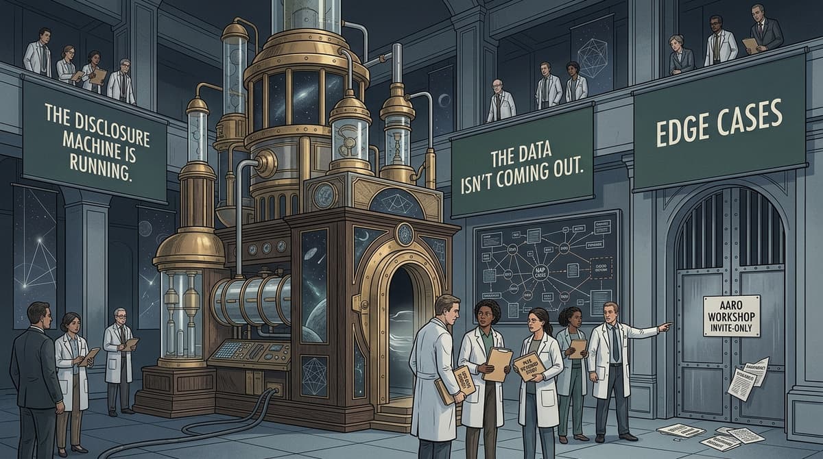 Editorial illustration for "The Disclosure Machine Is Running. The Data Isn't Coming Out."