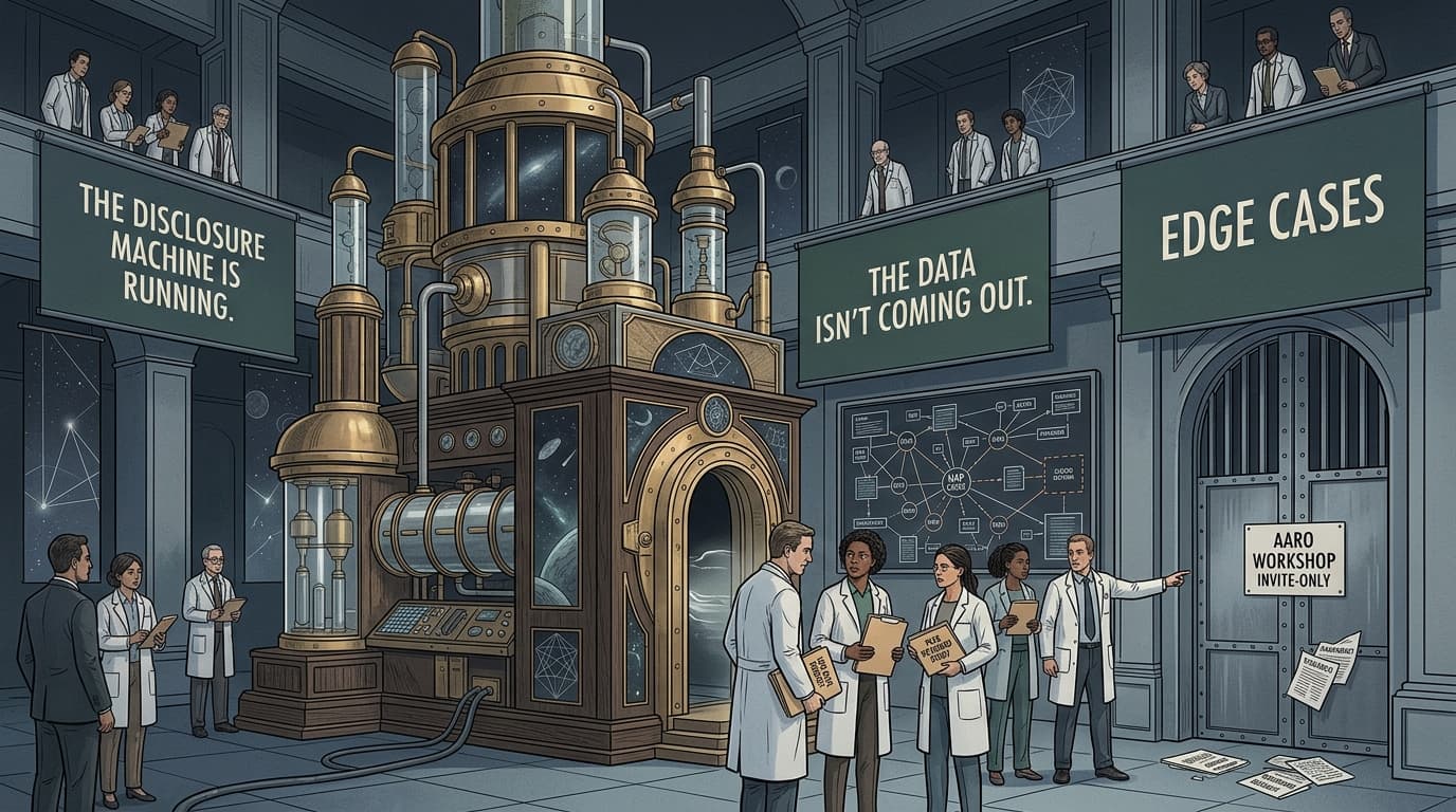 Editorial illustration for "The Disclosure Machine Is Running. The Data Isn't Coming Out."