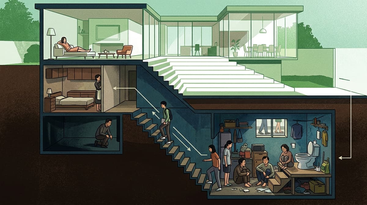 Editorial illustration for "In *Parasite*, the Floor Plan Is the Argument"