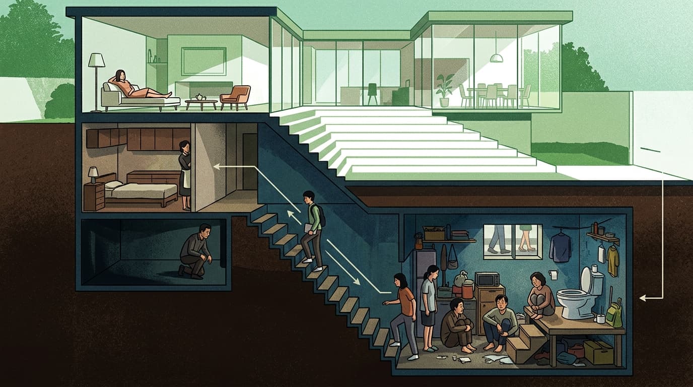 Editorial illustration for "In *Parasite*, the Floor Plan Is the Argument"