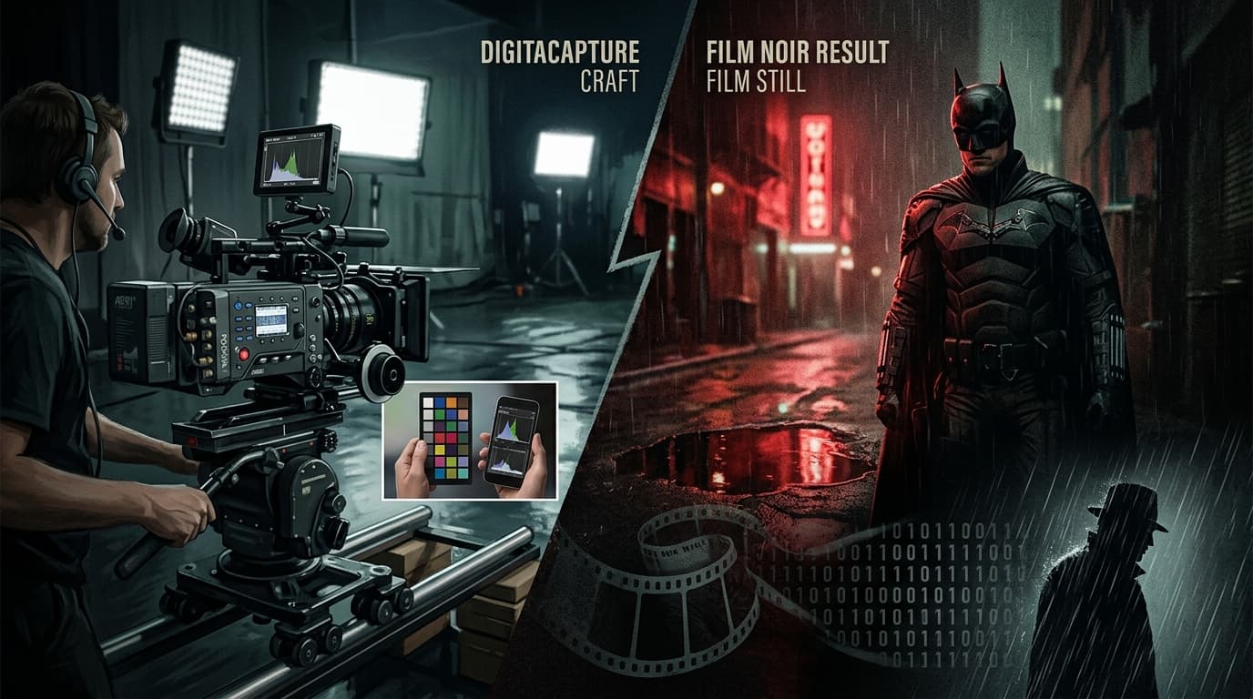 Editorial illustration for "*The Batman* Shot on Digital — So Why Does It Look Like Film Noir?"