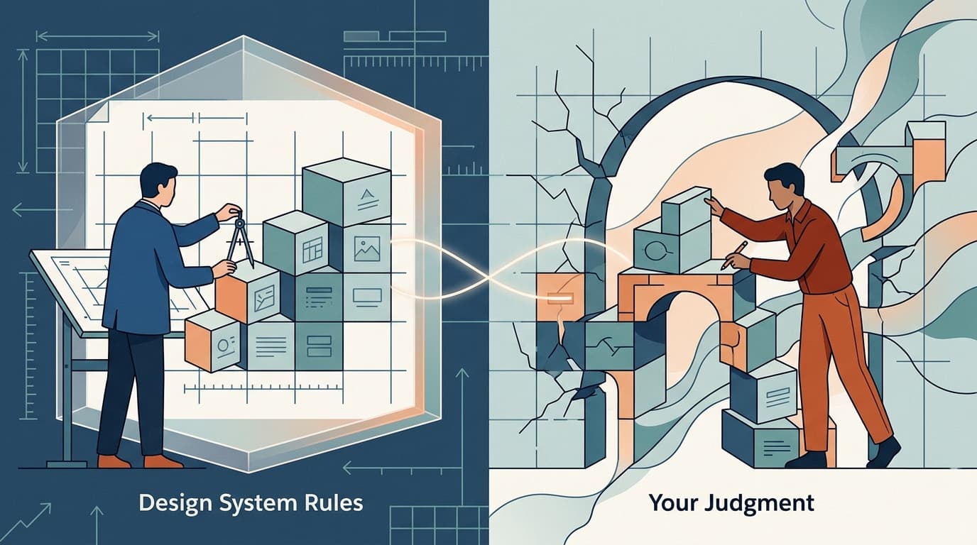 Editorial illustration for "Your Design System's Rules Aren't Sacred — But Neither Is Your Judgment"