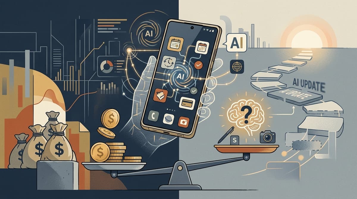 Editorial illustration for "The Samsung Galaxy S26 Ultra Costs More and Does Less — Unless You Trust the AI"
