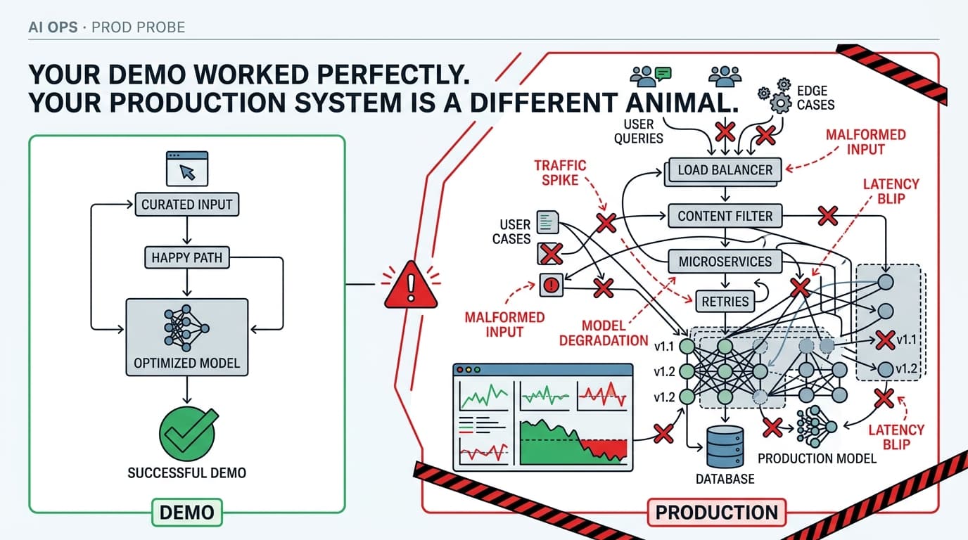 Editorial illustration for "Your Demo Worked Perfectly. Your Production System Is a Different Animal."