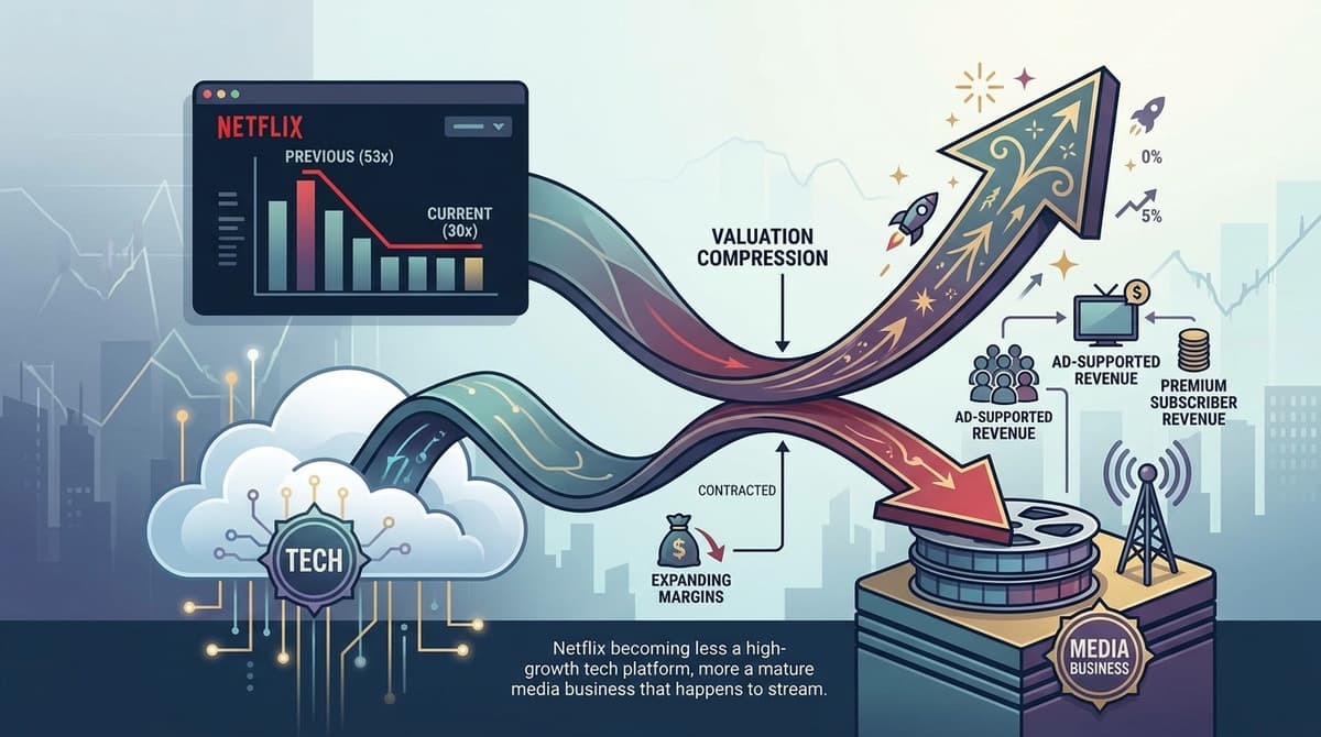 Editorial illustration for "Netflix's Valuation Compression Is the Story the Earnings Headlines Buried"