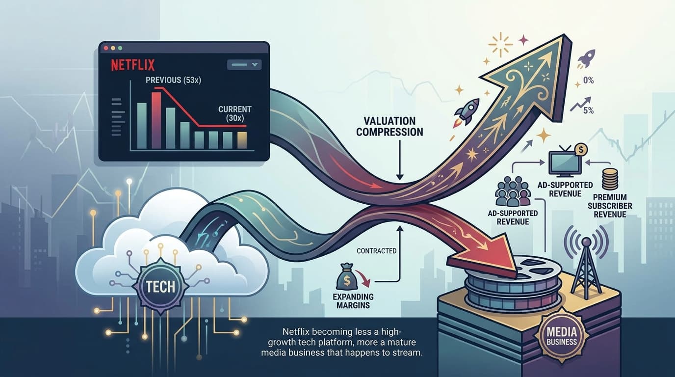 Editorial illustration for "Netflix's Valuation Compression Is the Story the Earnings Headlines Buried"