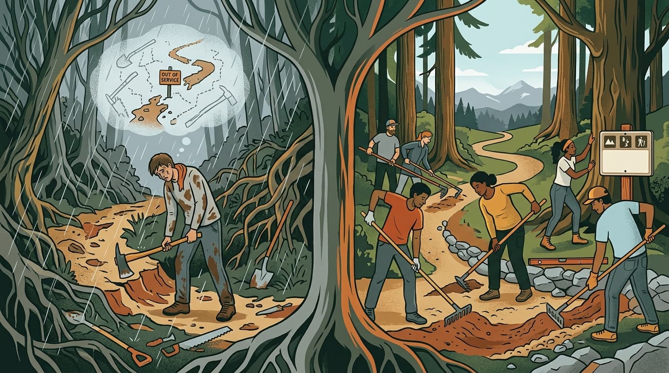 Editorial illustration for "The Trails Don't Maintain Themselves — And the People Who Do Are Burning Out"