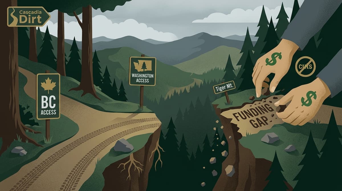 Editorial illustration for "Washington's Trail Funding Crisis Is the Access Gap BC Riders Don't Know About"