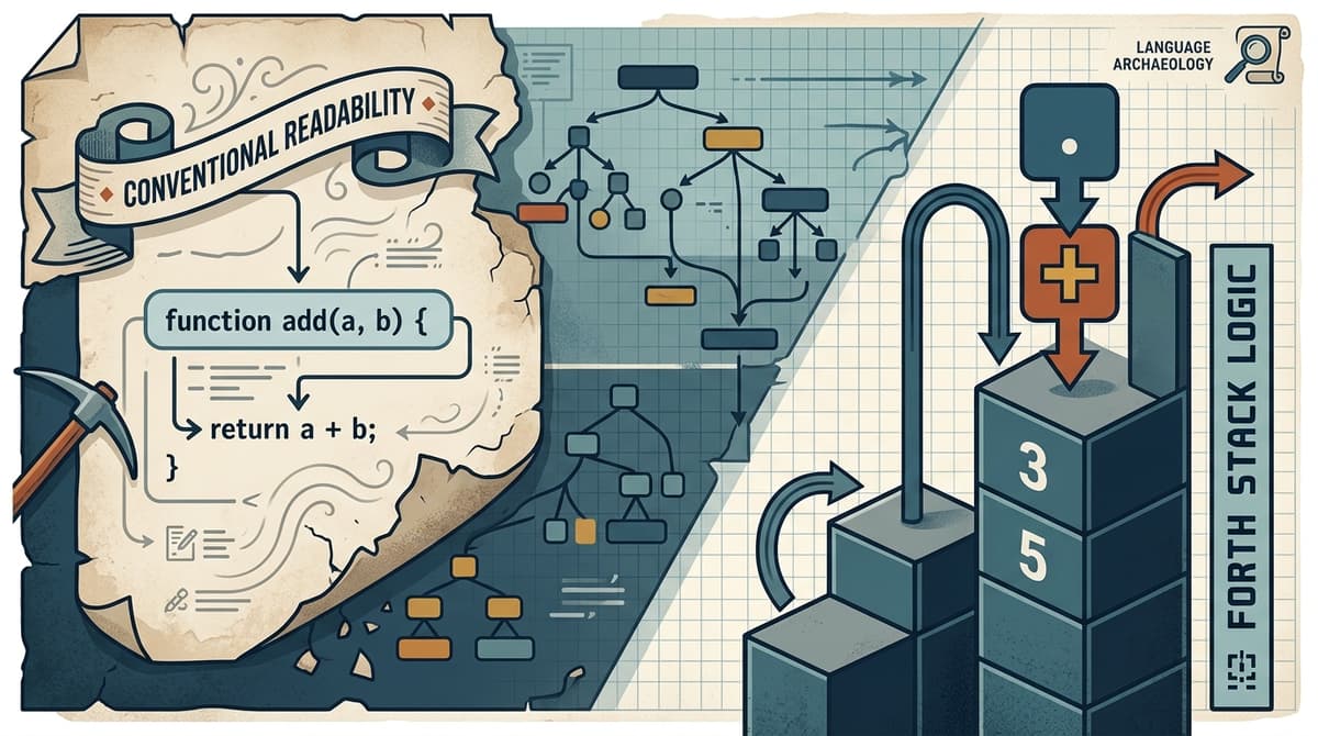 Editorial illustration for "Forth Teaches You That Readability Is a Choice, Not a Requirement"