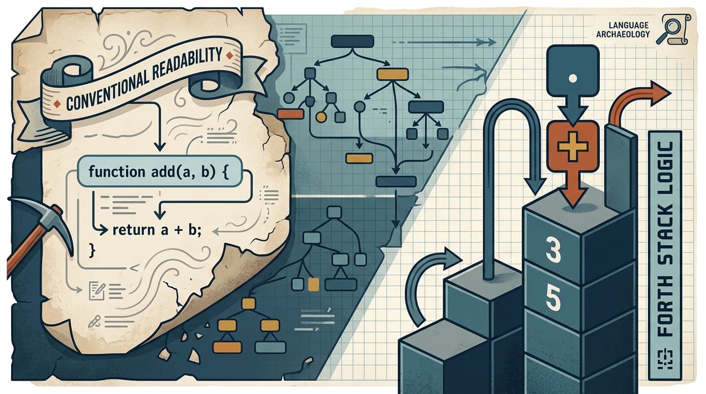 Editorial illustration for "Forth Teaches You That Readability Is a Choice, Not a Requirement"