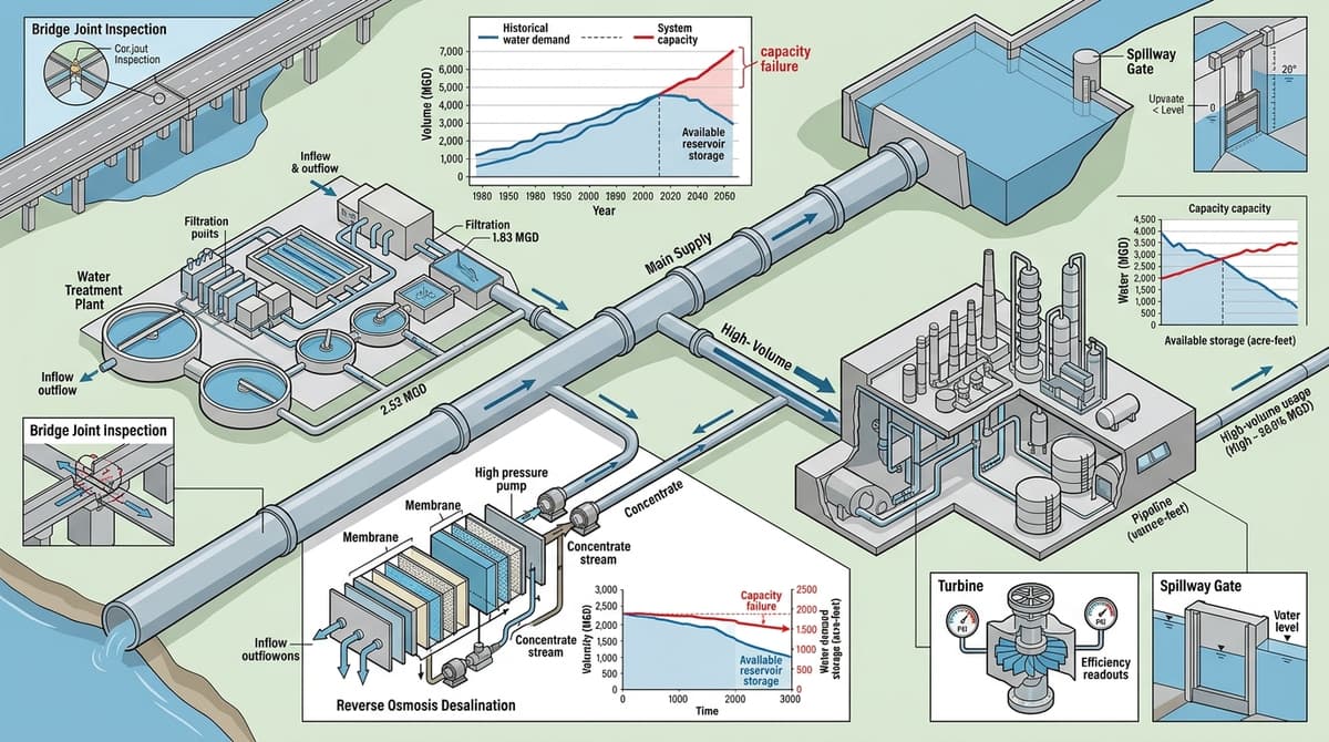 Editorial illustration for "When the Pipes Can't Keep Up: Corpus Christi and the Math of Outgrowing Your Water System"