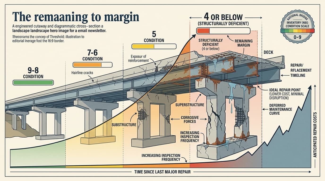 Editorial illustration for "A D Rating Doesn't Mean the Bridge Is Falling — It Means You're Already Behind Schedule"