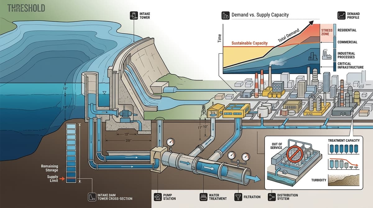 Editorial illustration for "When the Tap Runs Short: America's Water Systems Are Hitting Their Limits"