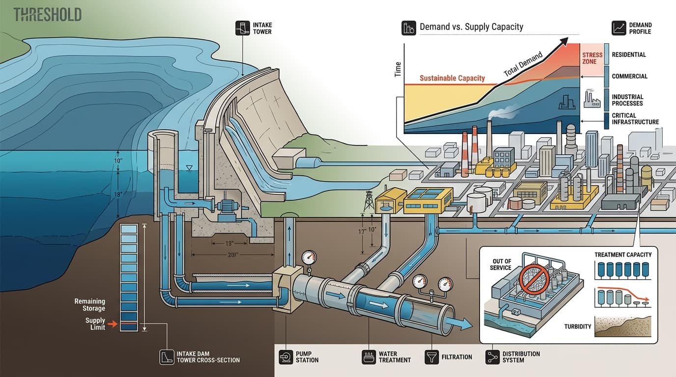 Editorial illustration for "When the Tap Runs Short: America's Water Systems Are Hitting Their Limits"