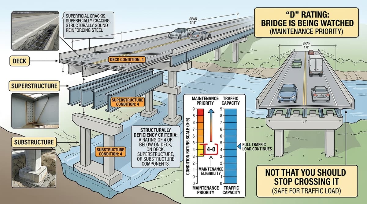 Editorial illustration for "A "D" Rating Means the Bridge Is Being Watched — Not That You Should Stop Crossing It"