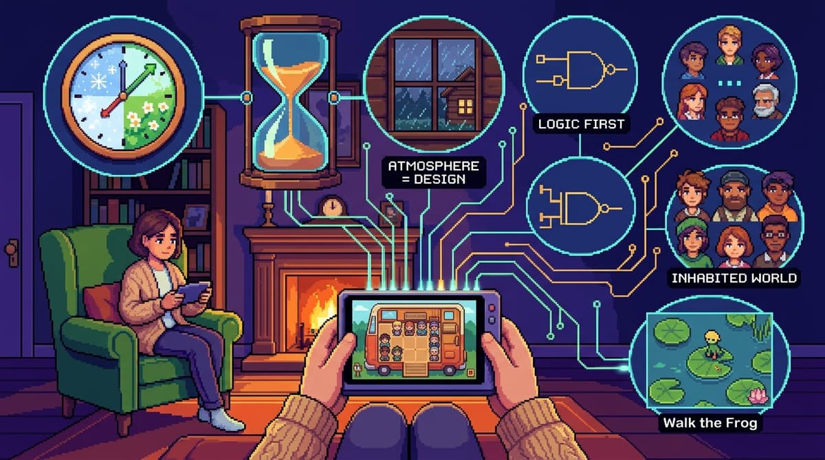 Editorial illustration for "The Cozy Puzzle Game Isn't Cozy by Accident"