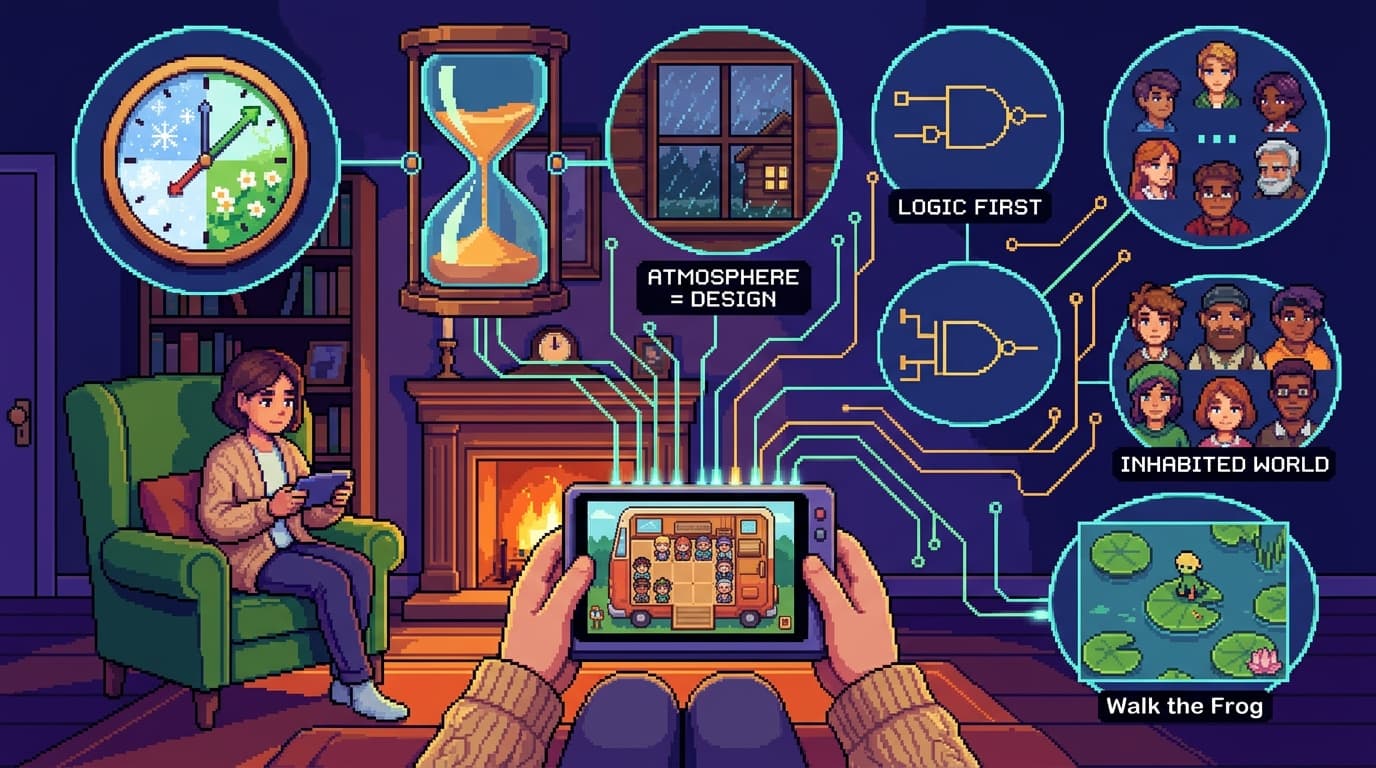 Editorial illustration for "The Cozy Puzzle Game Isn't Cozy by Accident"