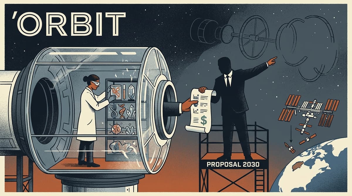 Editorial illustration for "Commercial Space Stations Are Selling Research Access They Don't Yet Have"