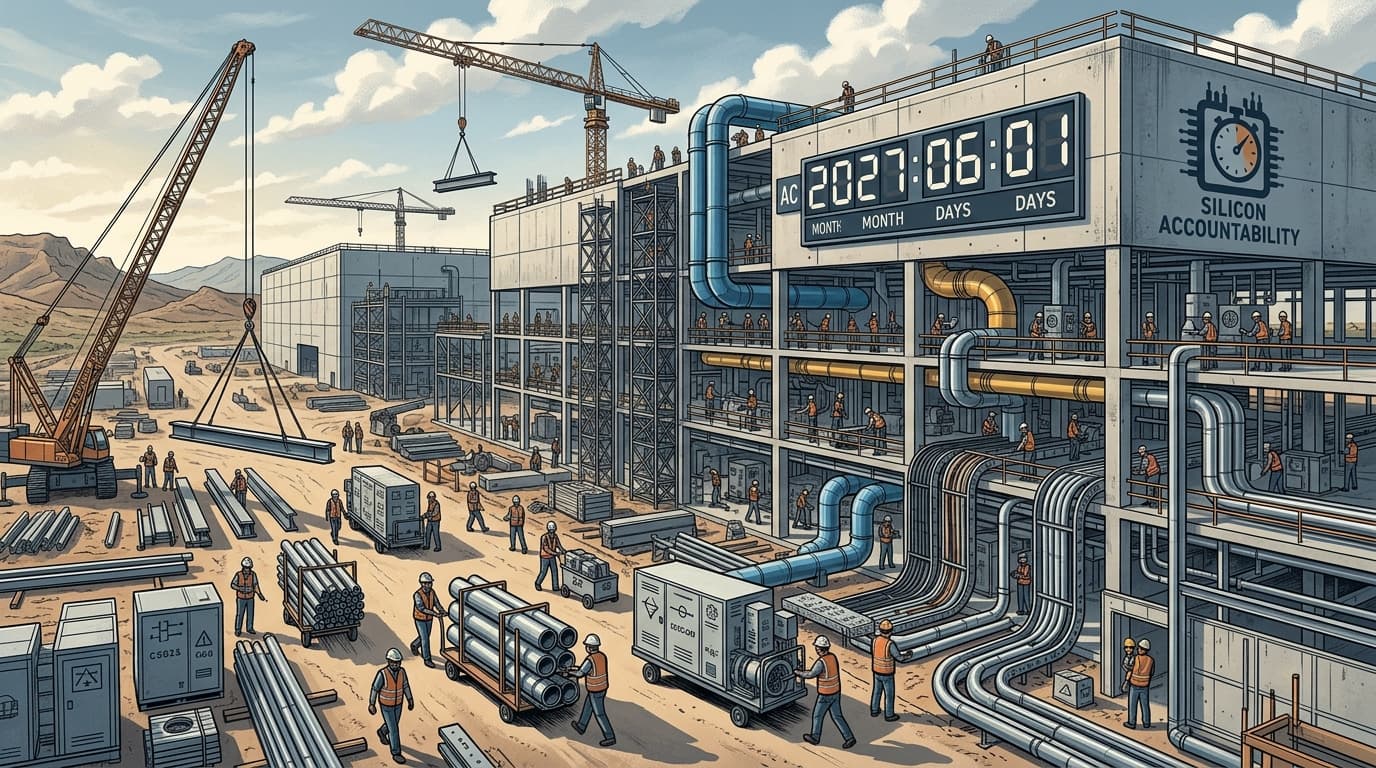 Editorial illustration for "TSMC Is Compressing Its Arizona Timeline. The Accountability Clock Just Got Shorter."