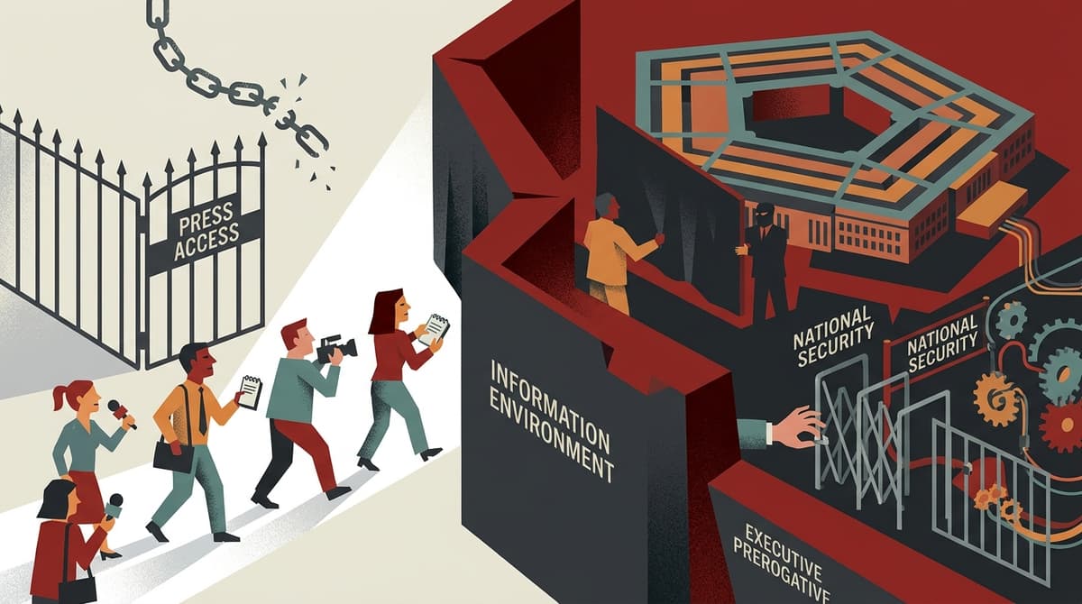 Editorial illustration for "The Pentagon Press Fight Is About Something Bigger Than Access"