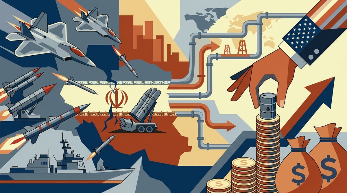 Editorial illustration for "The Iran War's Strangest Outcome: America Is Funding the Enemy It's Bombing"