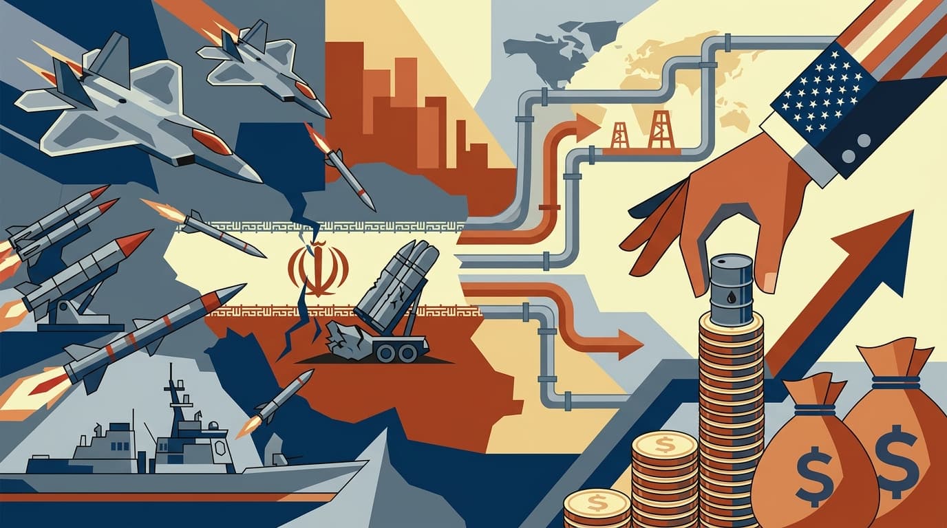 Editorial illustration for "The Iran War's Strangest Outcome: America Is Funding the Enemy It's Bombing"
