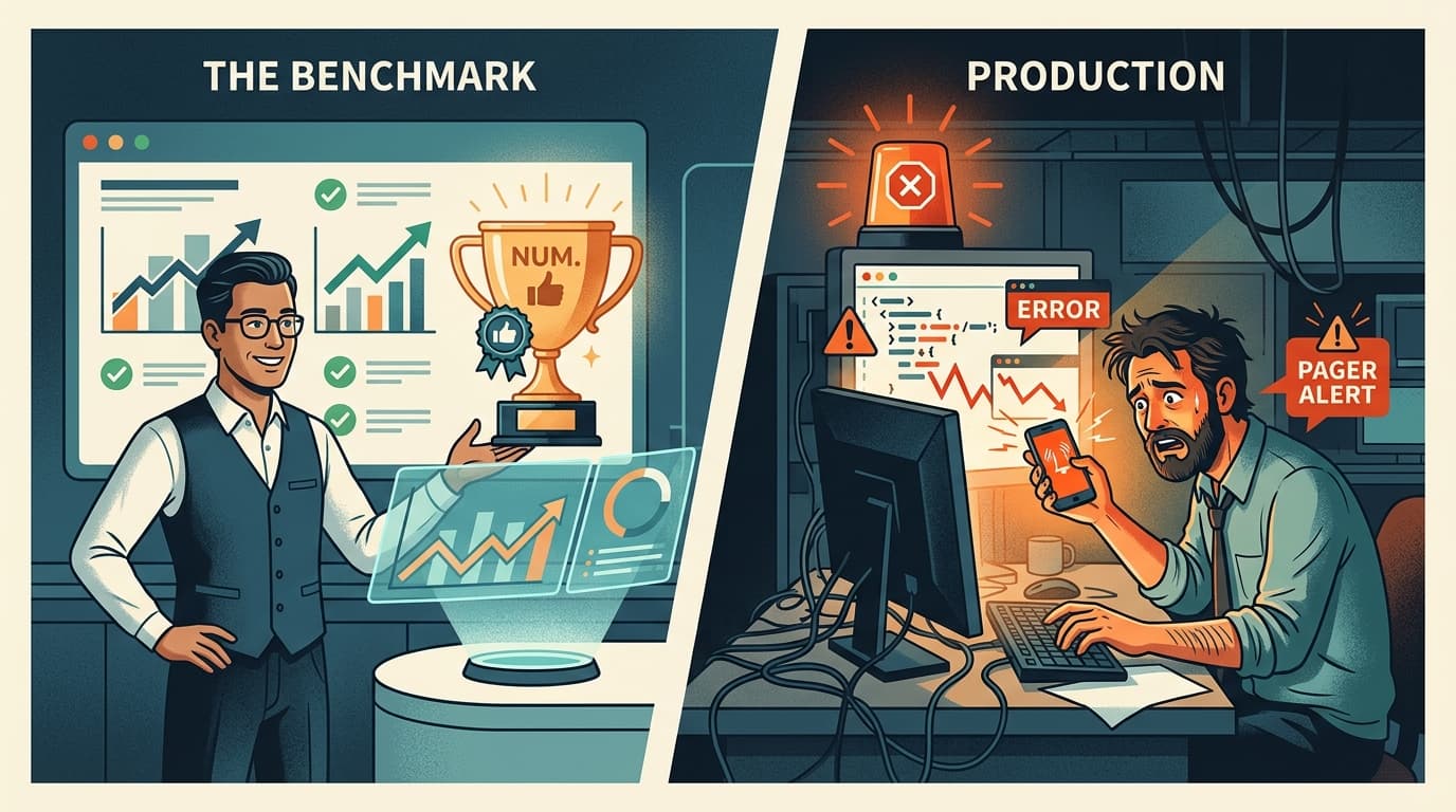 Editorial illustration for "Benchmarks Gave You a Number. Production Gave You a Pager Alert."