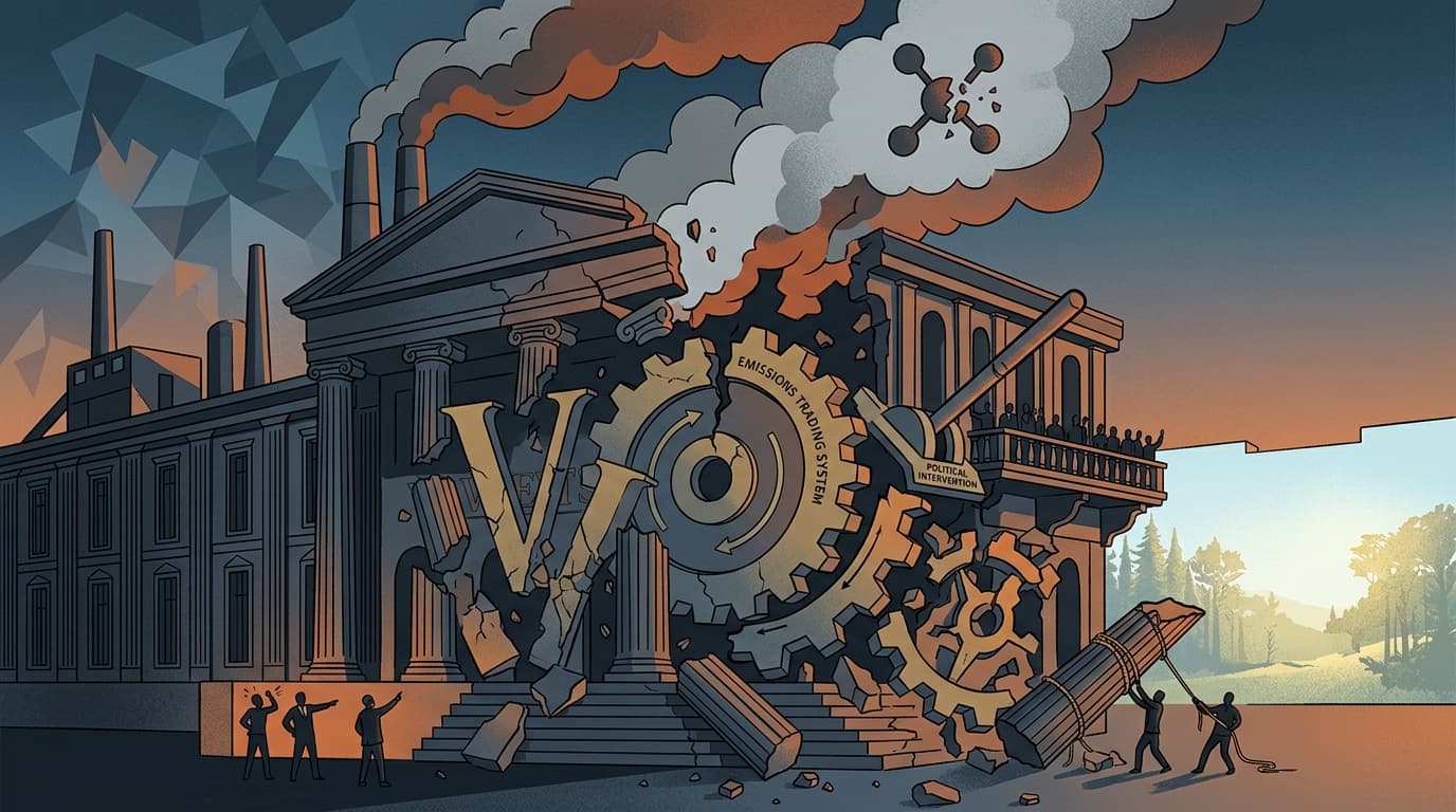 Editorial illustration for "The EU Carbon Market Is Breaking Under Its Own Contradictions"