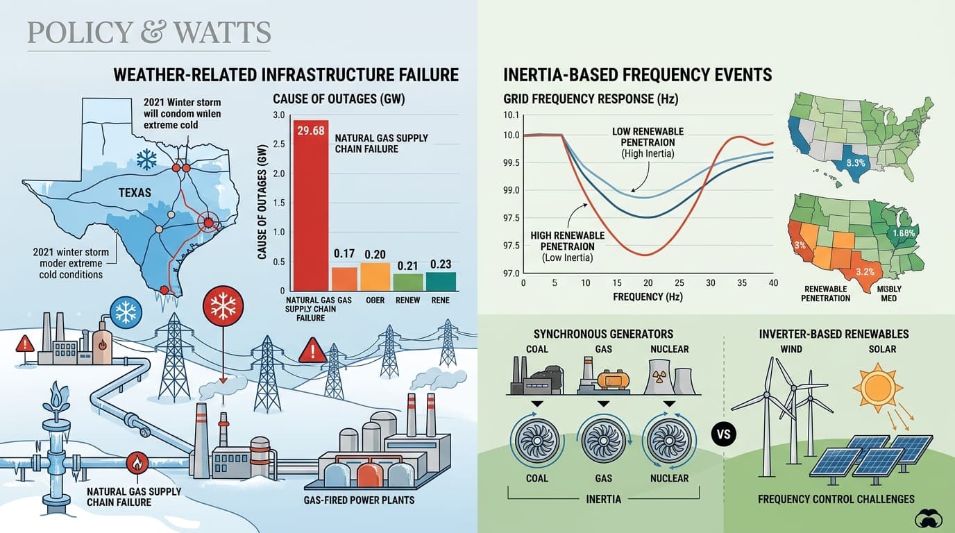 Editorial illustration for "Renewable Penetration Isn't What's Causing Blackouts — But It's Changing What Does"
