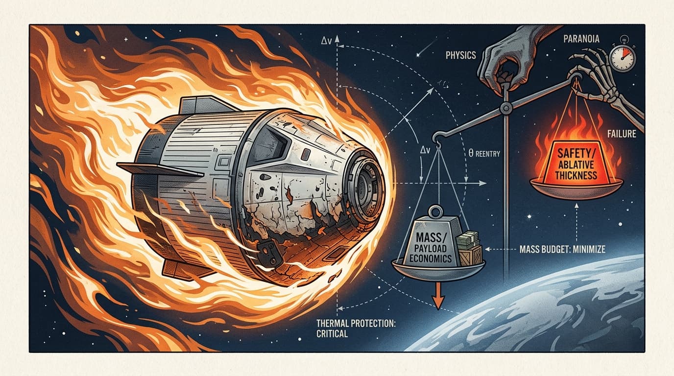 Editorial illustration for "The Tyranny of the Ablator: Why Every Gram of Heat Shield Is a Negotiation Between Physics and Paranoia"