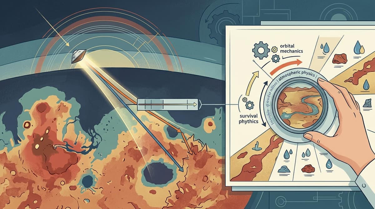 Editorial illustration for "Mars Landing Sites Aren't Chosen for Science — They're Chosen for Survival"