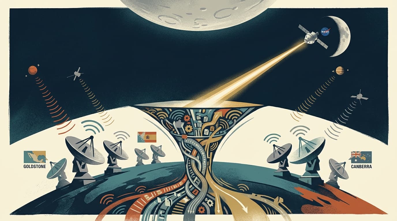 Editorial illustration for "The Radio Bottleneck Hiding Behind Artemis II's Laser Headlines"