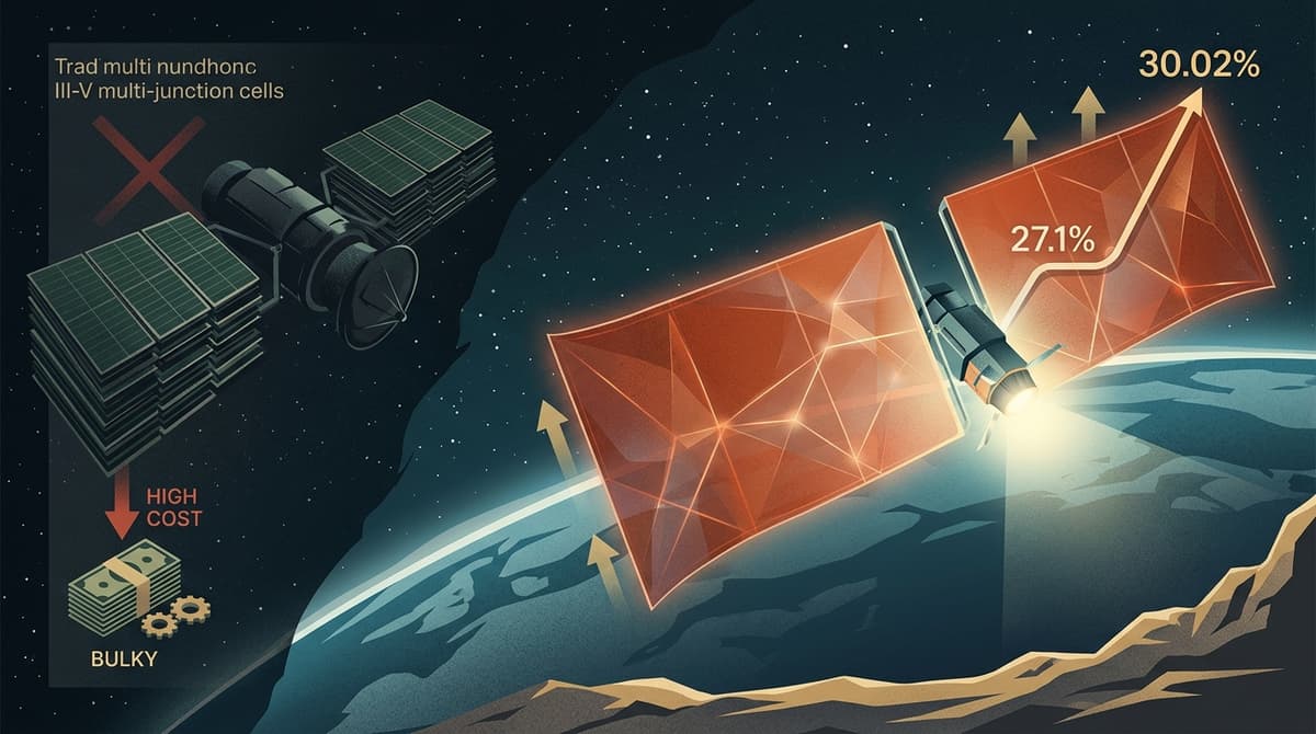 Editorial illustration for "Perovskite's 30% Moment Is the Space Solar Story Worth Watching"