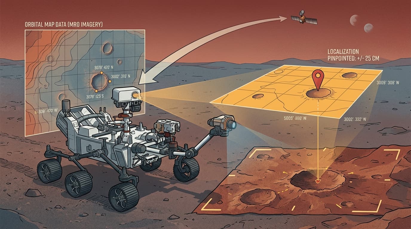 Editorial illustration for "Perseverance Just Got a GPS — Made of Craters and Orbital Photos"