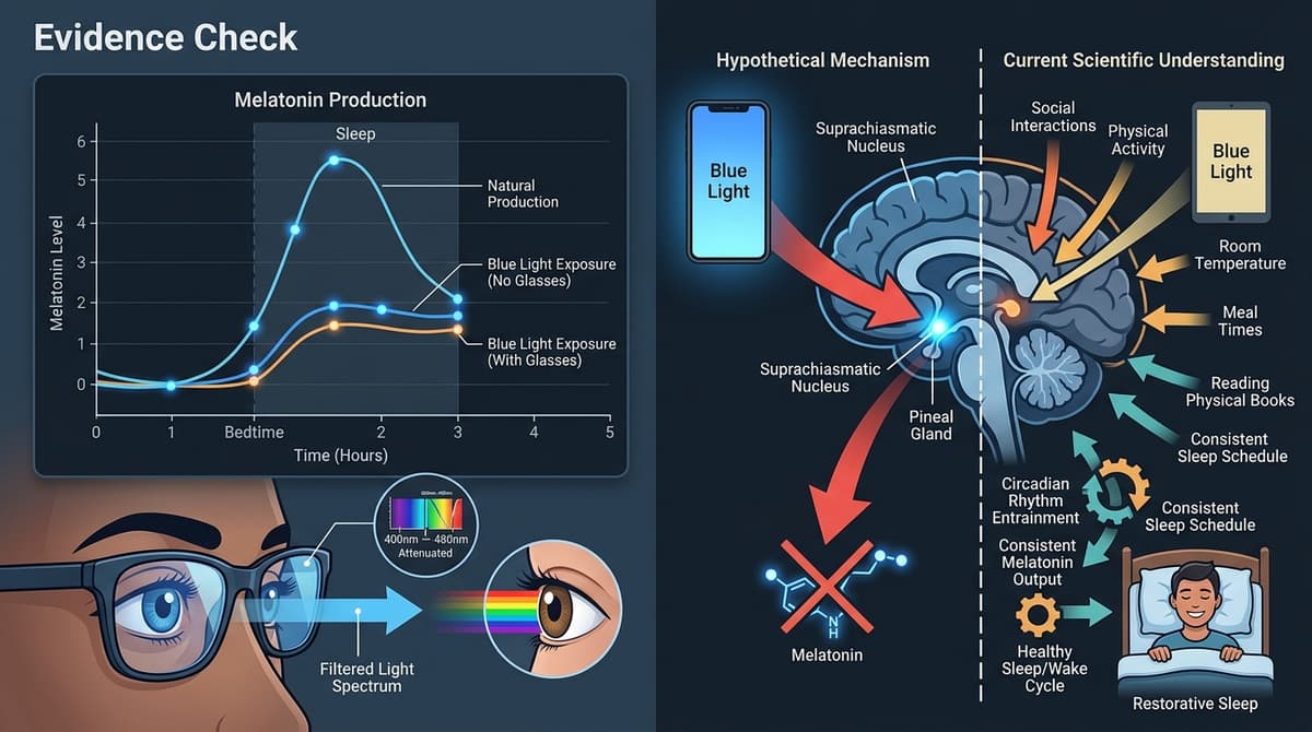 Editorial illustration for "Blue Light Glasses Probably Don't Fix Your Sleep — and the Evidence Is Clearer Than the Industry Wants You to Think"