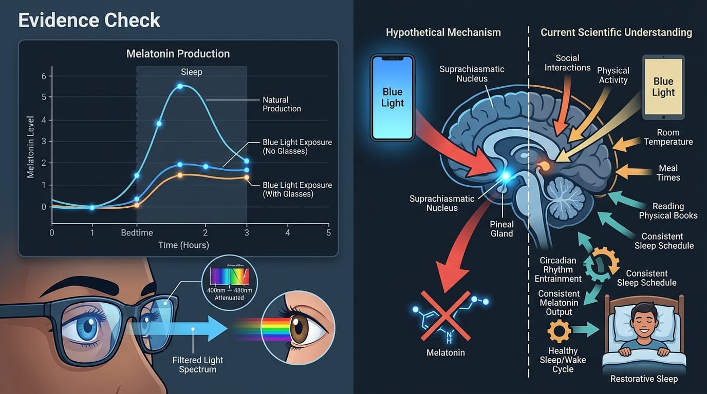 Editorial illustration for "Blue Light Glasses Probably Don't Fix Your Sleep — and the Evidence Is Clearer Than the Industry Wants You to Think"